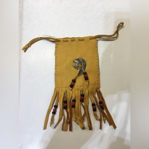 Native American Beaded Elk Buckskin Bag Gold with Beads Drawstring Closure